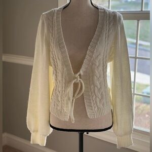 Tie-Front Cable Knit Cardigan Sweater - Cream size Large